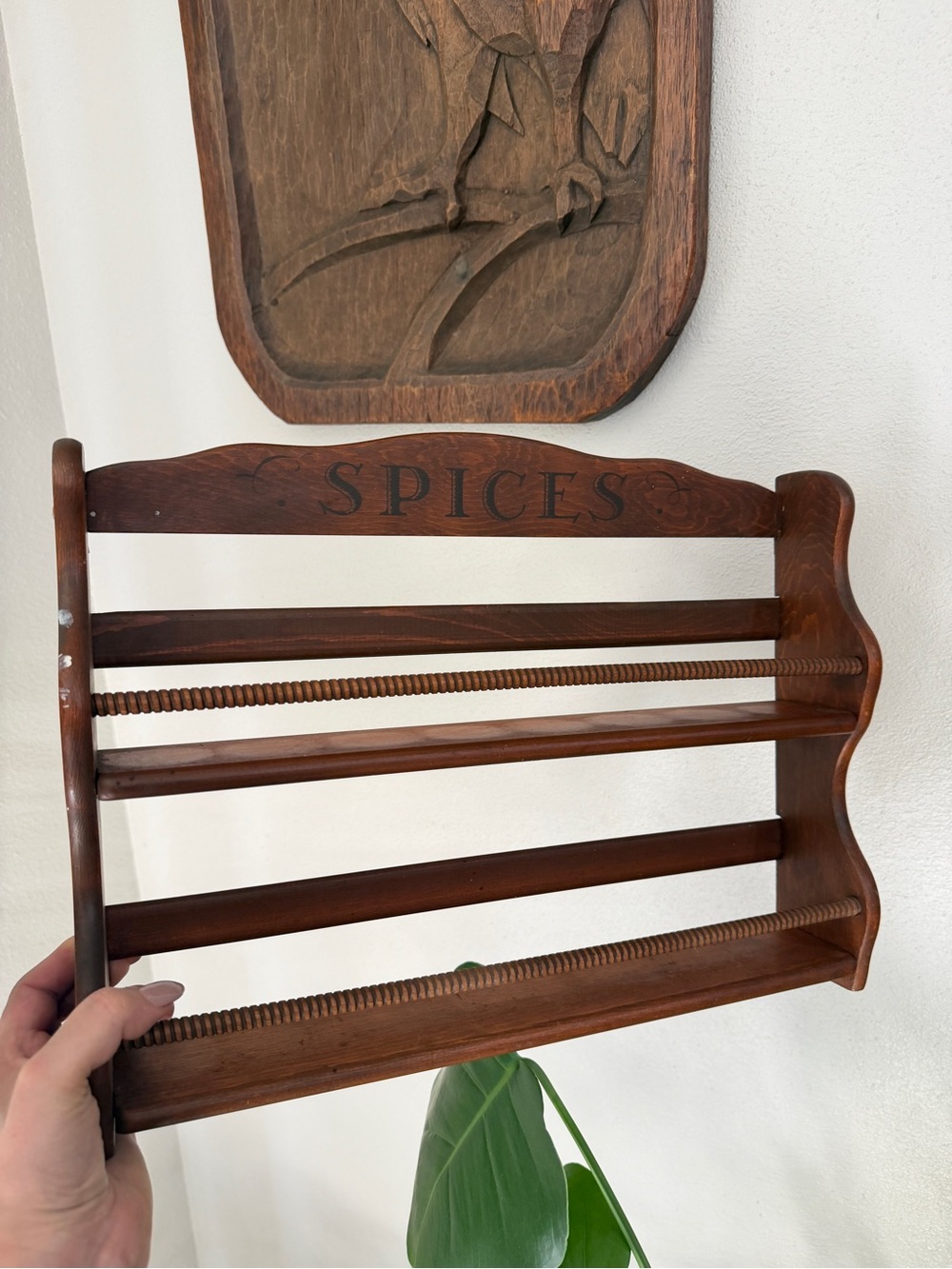 Vintage Wooden Spice Rack Wall Mount Brown Farmhouse Kitchen Organizer